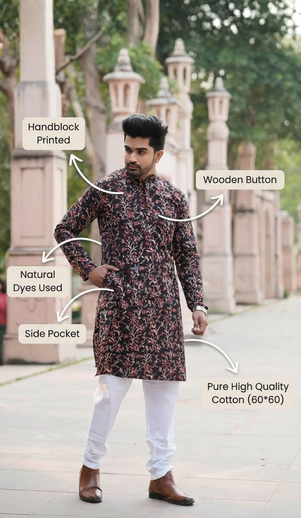 Indiehaat | Pure Cotton Block Print Kurta Pyjama Black