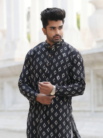 Indiehaat | Pure Cotton Block Print Kurta Pyjama Black