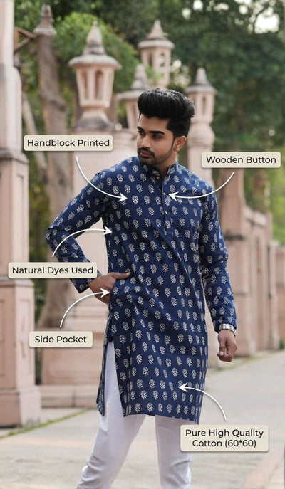 Indiehaat | Pure Cotton Block Print Kurta Pyjama Blue