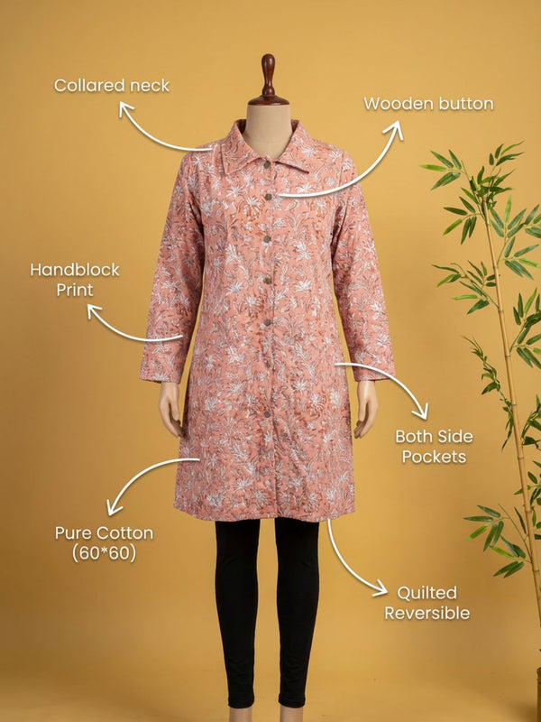 Indiehaat | Pure Cotton Blockprint Winter Jacket Pink
