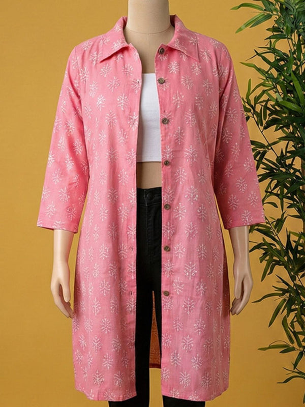 Indiehaat | Pure Cotton Blockprint Winter Jacket Pink
