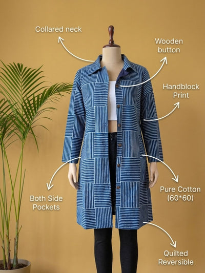 Indiehaat | Pure Cotton Blockprint Winter Jacket Blue