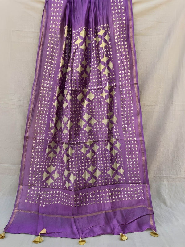 Indiehaat | Pure Chandei Silk Applique Saree Purple