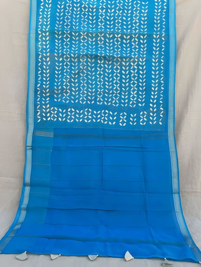 Indiehaat | Pure Chandei Silk Applique Saree Blue