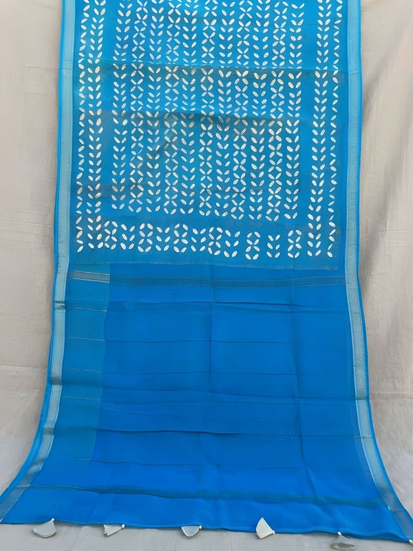 Indiehaat | Pure Chandei Silk Applique Saree Blue