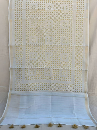 Indiehaat | Pure Chandei Silk Applique Saree White