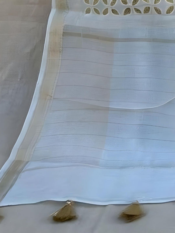 Indiehaat | Pure Chandei Silk Applique Saree White