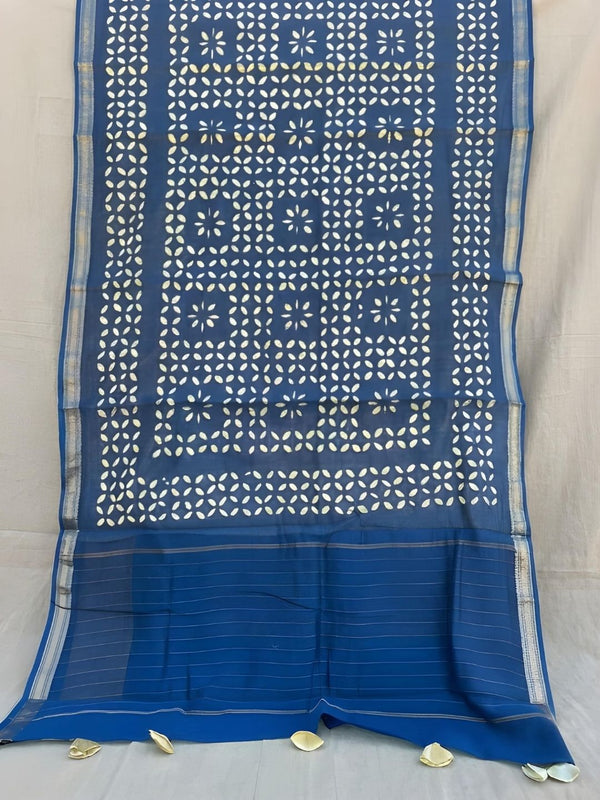 Indiehaat | Pure Chandei Silk Applique Saree Blue