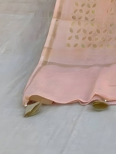 Indiehaat | Pure Chandei Silk Applique Saree Peach