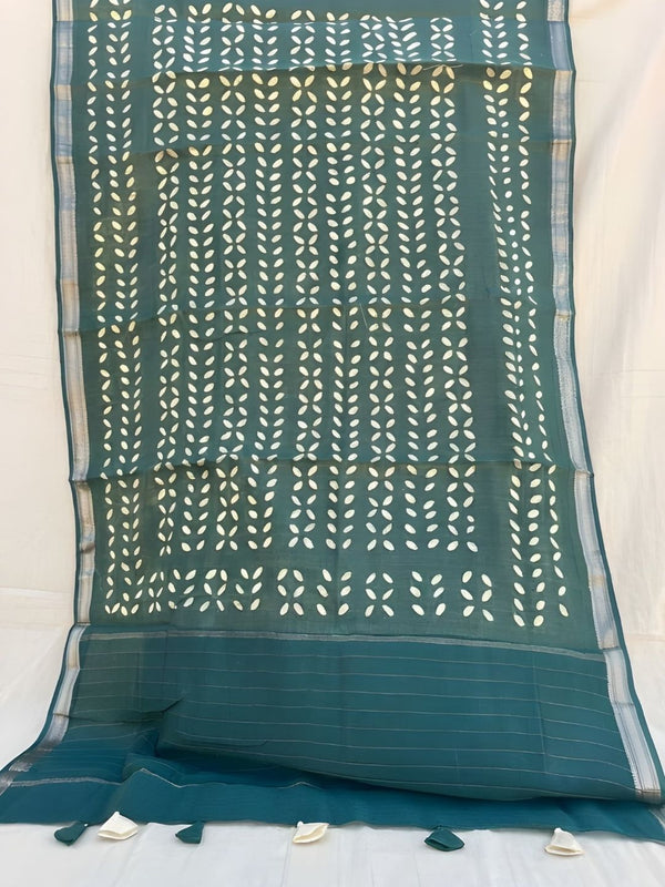 Indiehaat | Pure Chandei Silk Applique Saree Green