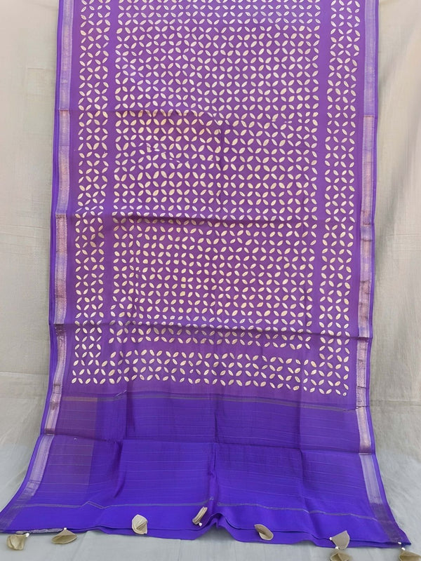 Indiehaat | Pure Chandei Silk Applique Saree Blue