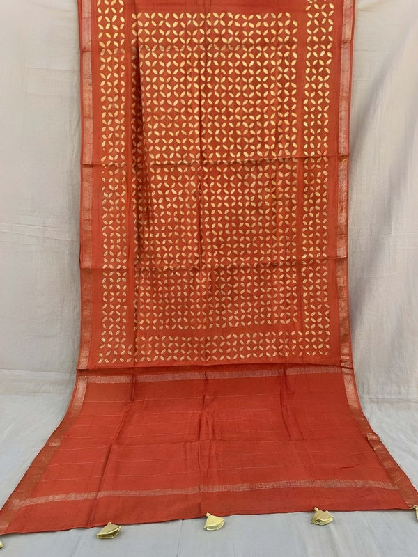 Indiehaat | Pure Chandei Silk Applique Saree Orange