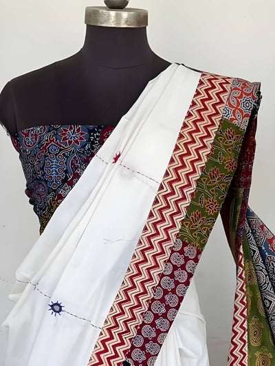 Indiehaat | Pure Mul Cotton Kantha Saree White