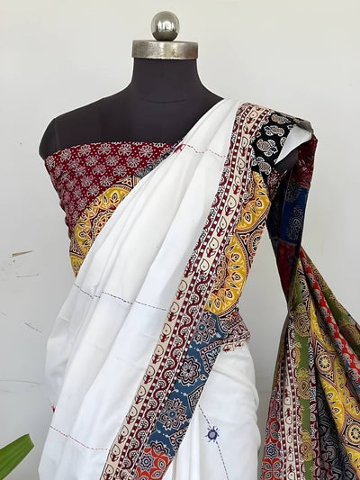Indiehaat | Pure Mul Cotton Kantha Saree White