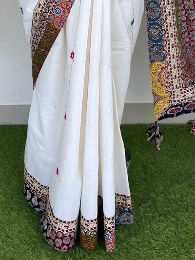 Indiehaat | Pure Mul Cotton Kantha Saree White