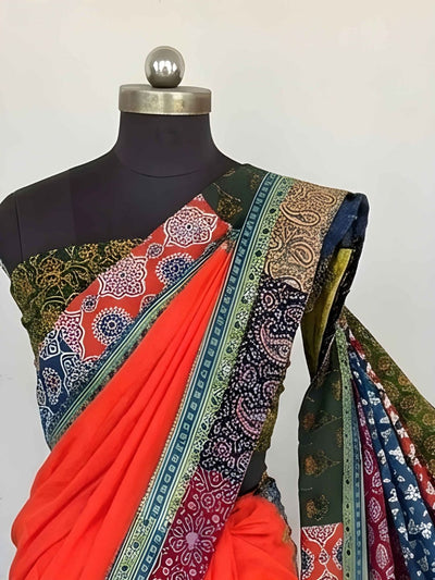 Indiehaat | Pure Mul Cotton Kantha Saree Orange