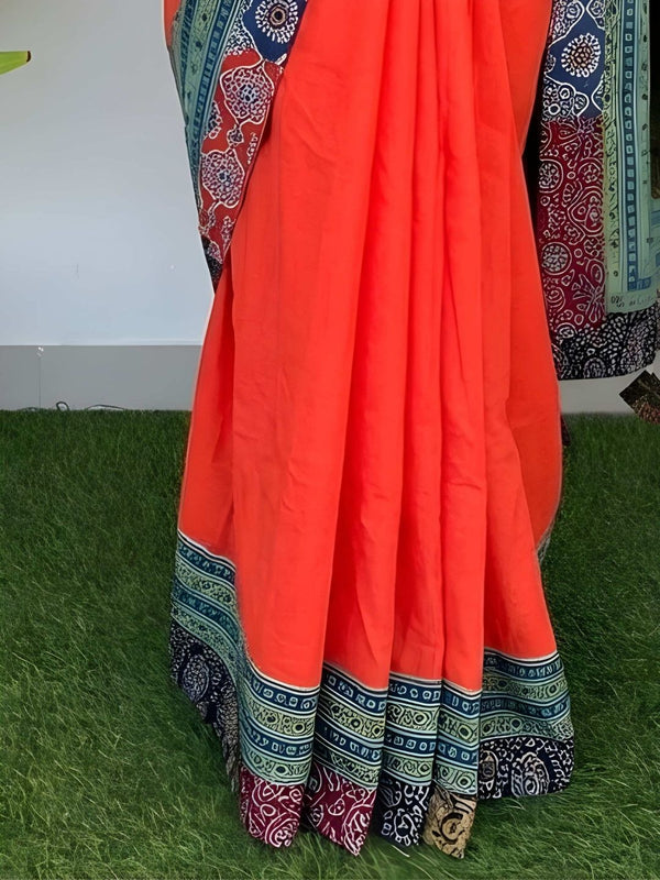 Indiehaat | Pure Mul Cotton Kantha Saree Orange