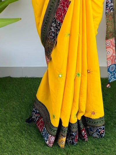 Indiehaat | Pure Mul Cotton Kantha Saree Yellow