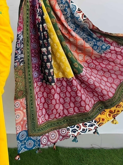 Indiehaat | Pure Mul Cotton Kantha Saree Yellow