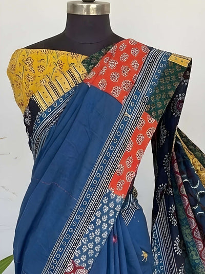 Indiehaat | Pure Mul Cotton Kantha Saree Blue