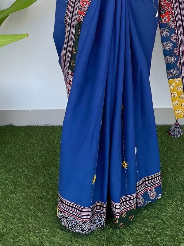 Indiehaat | Pure Mul Cotton Kantha Saree Blue