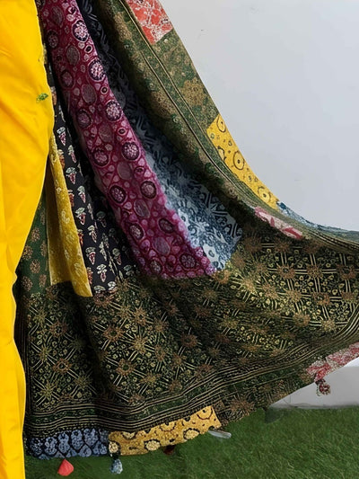 Indiehaat | Pure Mul Cotton Kantha Saree Yellow