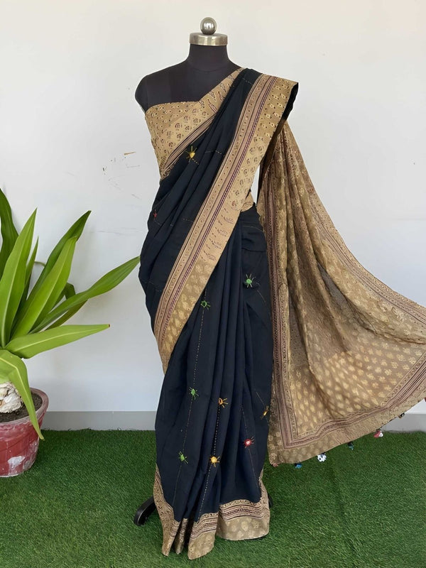 Indiehaat | Pure Mul Cotton Kantha Saree Black