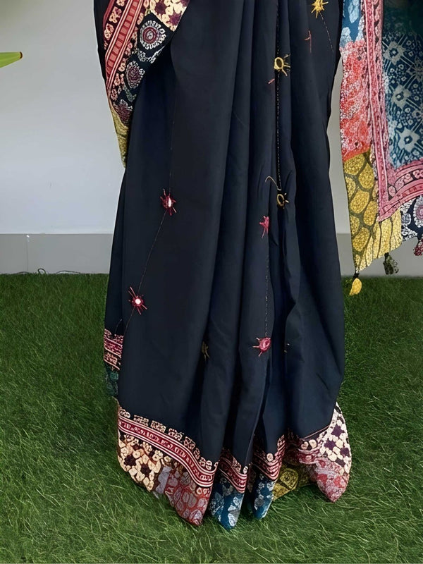 Indiehaat | Pure Mul Cotton Kantha Saree Black