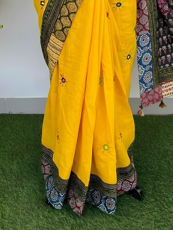 Indiehaat | Pure Mul Cotton Kantha Saree Yellow
