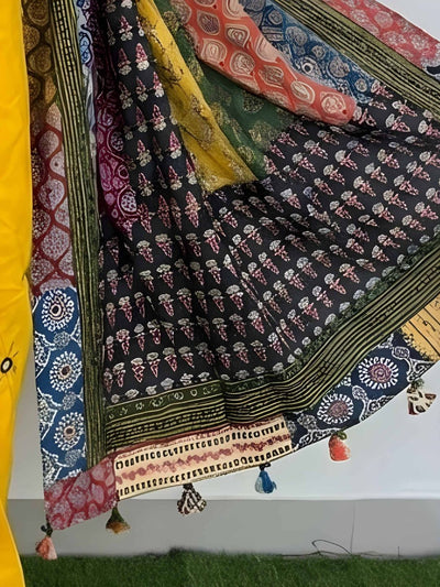 Indiehaat | Pure Mul Cotton Kantha Saree Yellow