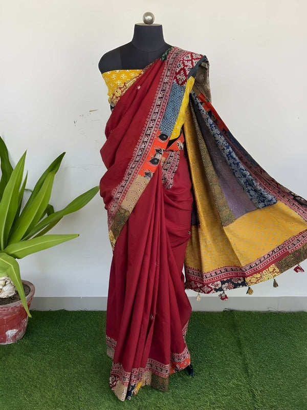Indiehaat | Pure Mul Cotton Kantha Saree Red