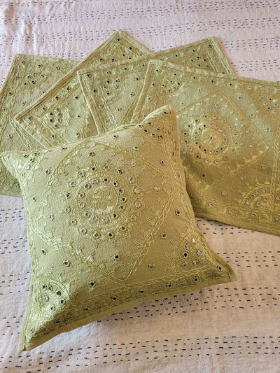 Indiehaat | Pure Cotton Embroidered Cushion Cover Green