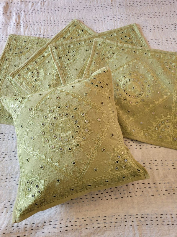 Indiehaat | Pure Cotton Embroidered Cushion Cover Green
