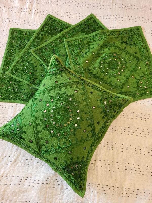 Indiehaat | Pure Cotton Embroidered Cushion Cover Green
