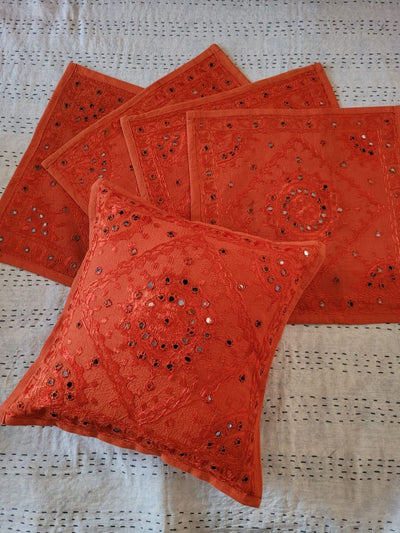 Indiehaat | Pure Cotton Embroidered Cushion Cover Orange