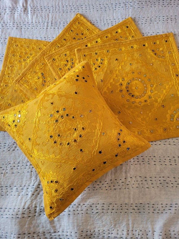 Indiehaat | Pure Cotton Embroidered Cushion Cover Yellow