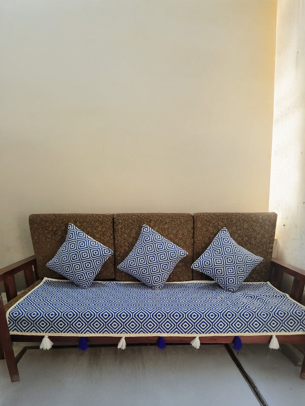 Indiehaat | Cotton Sofa Throw & Cushion Cover Blue