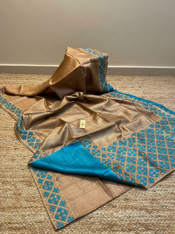 Indiehaat | Silkmark Tussar Silk Embroidery Saree Brown