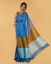 Silk Linen Plain Saree Sky Blue Color with contrast border and attached Running Blouse-Indiehaat