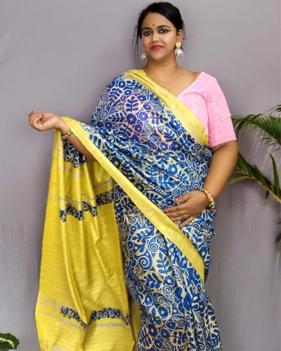 Silkmark Tussar Lively Blockprint Blue & Yellow Saree