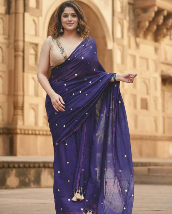 Indiehaat | Pure Mul Cotton Sequin Saree Blue