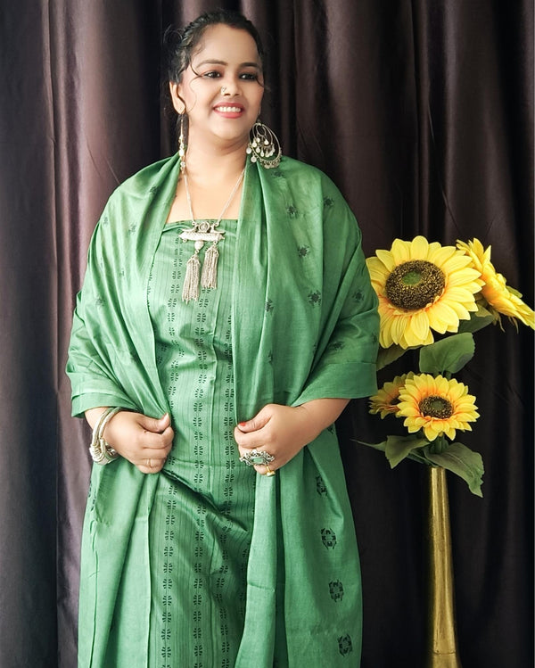 Katan Silk Suit Green Color Handcrafted with Bottom and Dupatta