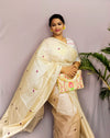 Silkmark Pure Tussar Bold Embroidered Beige Saree