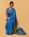 Silk Linen Plain Saree Sky Blue Color with contrast border and attached Running Blouse-Indiehaat