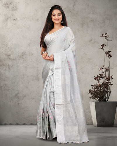 Indiehaat | Tissue Linen Embroidered Silver Saree