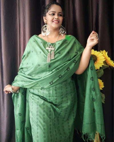 Katan Silk Handblock Printed Unstitched Suit Piece Green Color with Bottom and Dupatta Handcrafted-Indiehaat