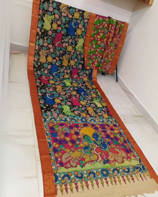 Indiehaat | Mangalagiri Handpainted Silk Saree Multicolor