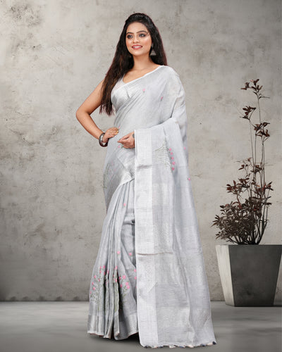 Indiehaat | Tissue Linen Embroidered Silver Saree