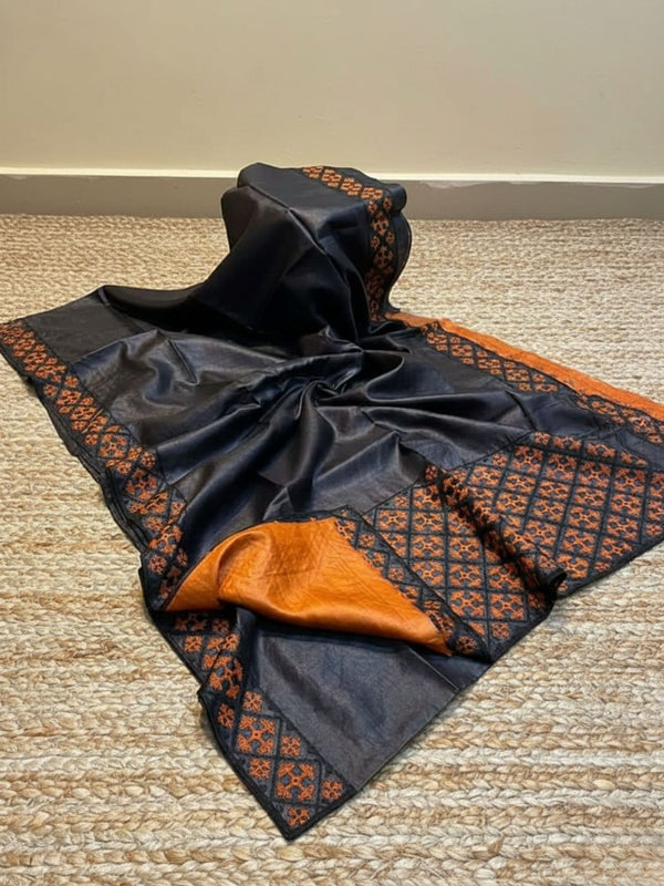 Indiehaat | Silkmark Tussar Silk Embroidery Saree Black