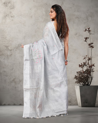 Indiehaat | Tissue Linen Embroidered Silver Saree